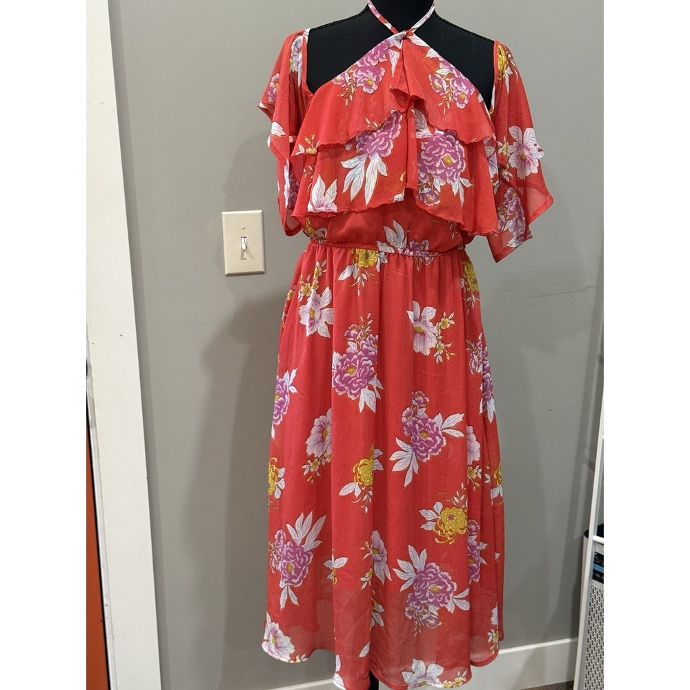 Red Floral Ruffle Off Shoulder Halter Midi Dress Boho Cottagecore Large Garden